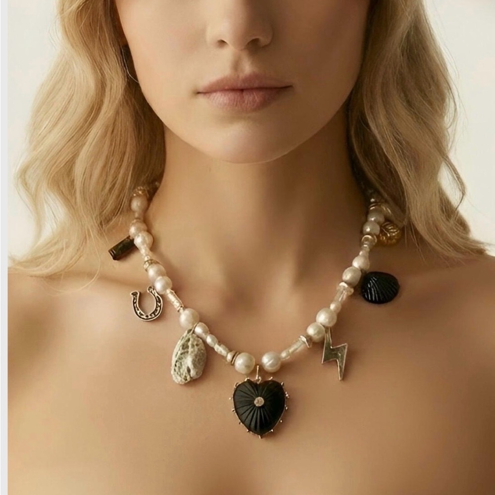 *NWT* OOAK Pearl Charm Necklace with Black Heart and Shell Accents